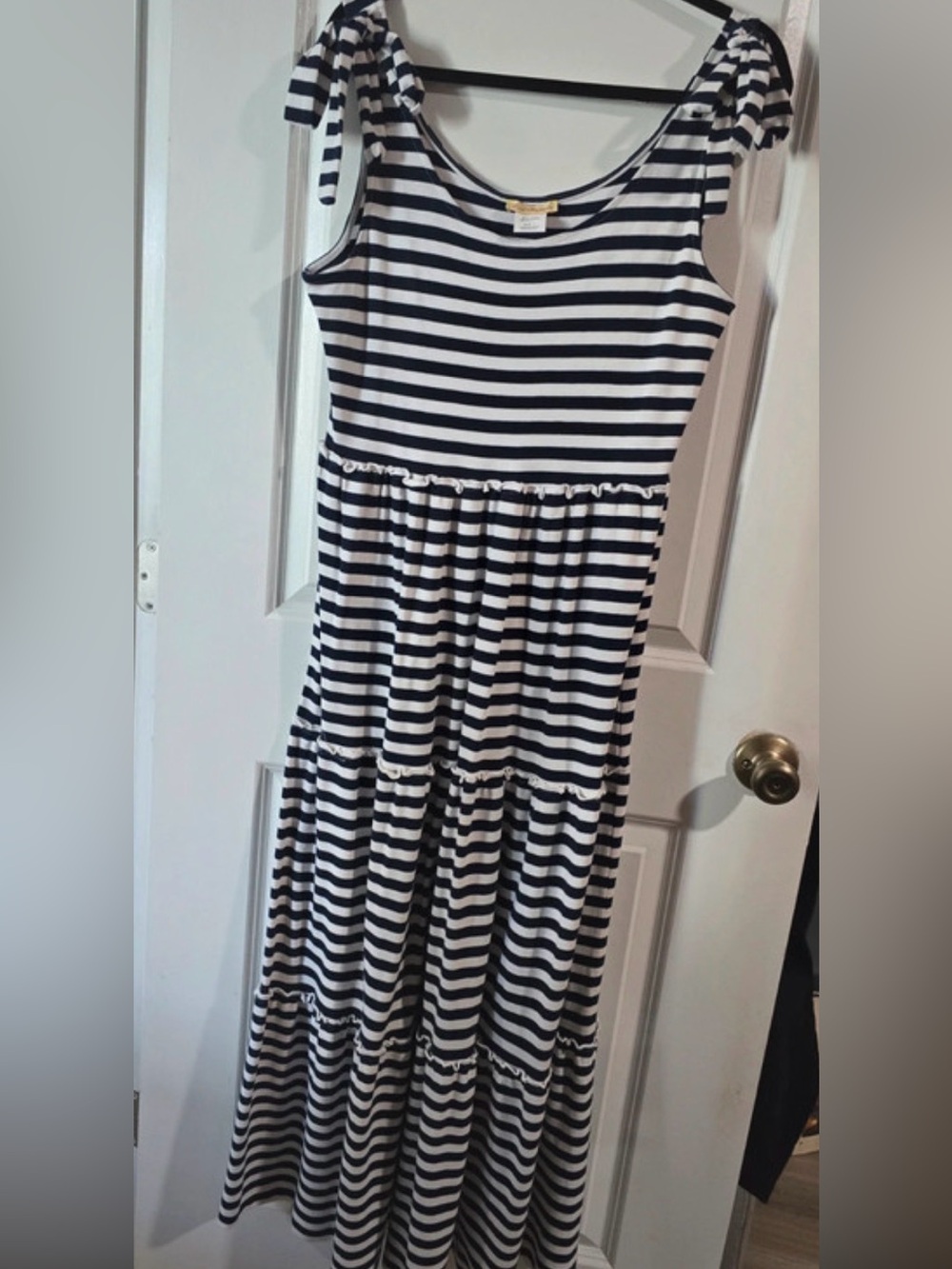 Striped Navy & White Tie-Shoulder Tiered Maxi Dress